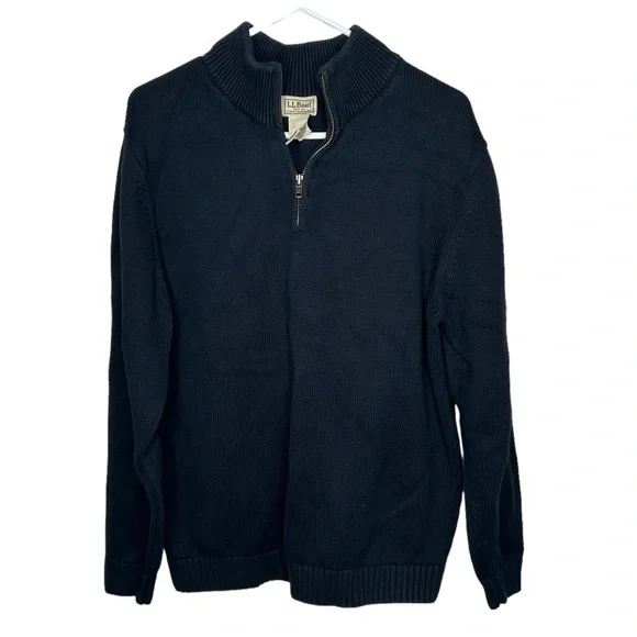 Ll Bean Men’s 1/4 Zip Pullover Navy Blue Sweater Large Cotton - Picture 1 of 3